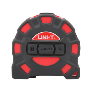 UNI-T LM60T Laser Tape Measure 2-in-1 – 60 m Laser + 5 m Steel Tape, ±2 mm, Area / Volume / Pythagorean, USB Rechargeable, 20 Memory - a black and red circular device featuring a UNI-T logo and three control buttons labeled with icons, MEAS, and UNIT.