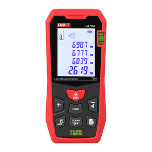 UNI-T LM70A Laser Distance Meter – 70 m, ±2 mm, Area / Volume / Pythagorean, 99 Memory, 2.0" LCD, Bubble Level, Laser Measure Tape - a digital display with numerical readings, control buttons, and two integrated bubble levels.