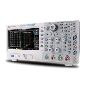 UNI-T MSO2204S 200 MHz 4-Channel Mixed Signal Oscilloscope – 2GSa/s, 56MPTS - a front display showing a Bode plot, control knobs, buttons, and four input BNC connectors.