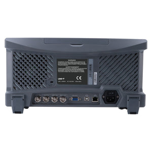 UNI-T MSO2204S 200 MHz 4-Channel Mixed Signal Oscilloscope – 2GSa/s, 56MPTS - the grey casing, ventilation grilles, power input, and ports including BNC, VGA, USB, and Ethernet connectors.