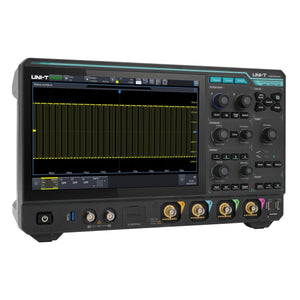 UNI-T MSO3054HD Mixed Signal Oscilloscope – 500 MHz, 4 Analog + 16 Digital Ch, 12-Bit, 2.5 GSa/s, 500 Mpts, 10.1" Touch, HD Bench Oscilloscope - a black benchtop unit with a 10.1-inch display showing a yellow waveform, control knobs, and front-panel ports.