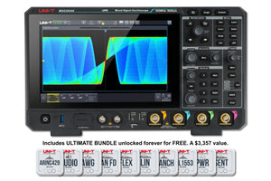 UNI-T MSO3054X 500 MHz 4-Channel Mixed Signal Oscilloscope – 5 GSa/s (interleave) / 2.5 GSa/s (non-interleave), 1.25 GSa/s - a colorful waveform on its screen, with control knobs, buttons, ports, and ten software option cards displayed below.