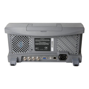UNI-T MSO3504E-S 500 MHz 4-Channel Mixed Signal Oscilloscope – 2.5GSa/s, 250MPTS - the grey plastic casing, cooling vents, power switch, AC input, and various BNC, VGA, and USB ports.