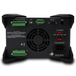 UNI-T UDP4303S 4-Channel Programmable DC Power Supply – 297W, 0–32V/3A ×2 + 15V/3A + 6V/10A, 1mV/1µA Resolution, USB Data Logging, RS-232/USB/LAN - a cooling fan, AC voltage selector, power input, LAN, RS-232, USB, digital I/O, and four channel terminal blocks.