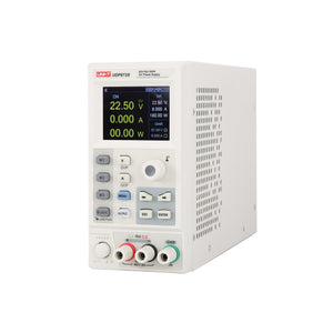 UNI-T UDP6720 Programmable DC Power Supply – 100 W Single-Channel, 0–60V / 0–5A, SCPI/RS-232, List Mode, 4.3" LCD - a white benchtop unit with a 4.3-inch LCD showing 22.50V, control buttons, a rotary knob, and three front-panel terminals.
