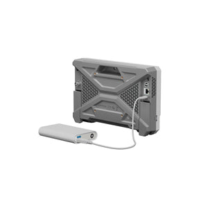 UNI-T UPO1082HD 80 MHz 2-Channel Digital Storage Oscilloscope – 1.25 GSa/s (single channel), 625 MSa/s (dual channels), 100 Mpts - rear view in grey, showing a BNC connector, Ethernet port, USB port, and a power bank connected via a white cable.