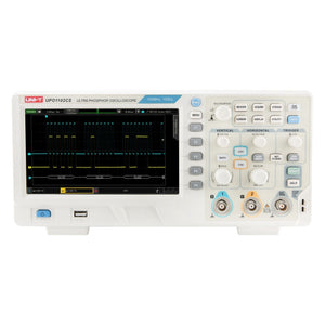 UNI-T UPO1102CS 100 MHz 2-Channel Digital Storage Oscilloscope – 1 GSa/s, 56 Mpts per channel - in a white casing, showing a front-facing screen with waveform data, control knobs, buttons, and input ports.