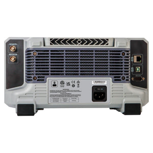 UNI-T UPO1104 100 MHz 4-Channel Digital Storage Oscilloscope – 2 GSa/s, 56 Mpts - rear view showing a grey chassis with a cooling vent, power input, RS-232 port, USB ports, Ethernet port, and two BNC connectors.