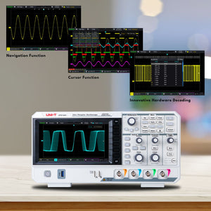 UNI-T UPO1104 100 MHz 4-Channel Digital Storage Oscilloscope – 2 GSa/s, 56 Mpts - a white 4-channel device with a screen, control knobs, buttons, and three inset displays of waveform data.