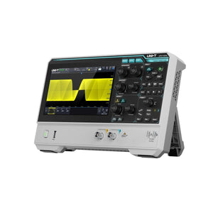 UNI-T UPO1152HD 150 MHz 2-Channel Digital Storage Oscilloscope – 1.25 GSa/s (single channel), 625 MSa/s (dual channels), 100 Mpts - grey casing with a screen showing a yellow waveform, control knobs, buttons, and two input channels.