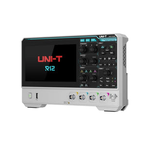 UNI-T UPO1154HD 150 MHz 4-Channel Digital Storage Oscilloscope – 1.25 GSa/s (single channel), 625 MSa/s (dual channels), 312.5 MSa/s (four channels), - a grey, rectangular body with a front display showing "UNI-T R12", control knobs, and four BNC ports.