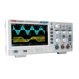 UNI-T UPO1202CS 200 MHz 2-Channel Digital Storage Oscilloscope – 1GSa/s, 56MPTS - in a white housing with a screen displaying two sine waves, front control knobs, buttons, and input ports.