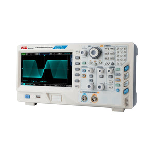 UNI-T UPO2102E 100 MHz 2-Channel Digital Storage Oscilloscope – 2GSa/s, 56MPTS - in a white housing showing a waveform on its screen, with front-panel knobs, buttons, and two input BNC connectors.