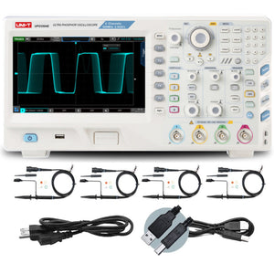 UNI-T UPO3504E 500 MHz 4-Channel Digital Storage Oscilloscope – 2.5GSa/s, 250MPTS - a white front panel with a digital screen displaying a waveform, control knobs, buttons, four probes, and cables.