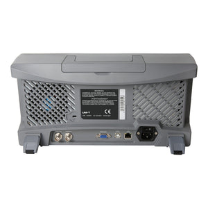 UNI-T UPO3504E 500 MHz 4-Channel Digital Storage Oscilloscope – 2.5GSa/s, 250MPTS - the grey plastic casing, cooling vents, BNC connectors, VGA port, USB, LAN, and power input.
