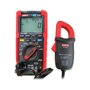 UNI-T UT-CS06A 400A AC Current Clamp Sensor – Clamp Adapter for Multimeters, 1mV/A Output, 28mm Jaw, CAT III 300V - shown connected to a red and black UNI-T UT196 digital multimeter displaying 0.00 A on its LCD screen.
