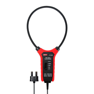 UNI-T UT-CS09D Flexible Rogowski Current Clamp Sensor – 1.5A to 3000A AC, 45.7cm (18") Flex Coil, BNC Output, 1m Drop-Proof, CAT IV 600V - a black circular coil, a red handle with a power switch, and a black two-pin connector on a cable.