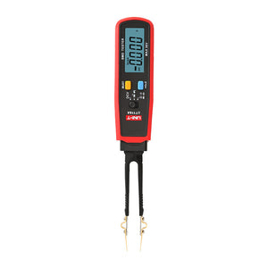 UNI-T UT116A SMD Tester – Tweezer Component Tester, Auto-Identify Resistance, Capacitance, Diode, LED/Zener, 3000 Count, 180° Rotating Pen - a red and black tweezer-style multimeter with a digital display showing 0.000, two buttons, and a rotating test probe tip.
