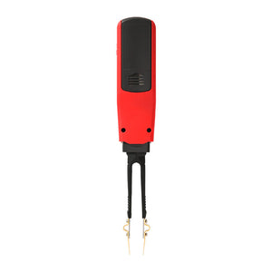 UNI-T UT116C SMD Tester – Tweezer Component Tester, Auto-Identify Resistance, Capacitance up to 100mF, Diode, LED/Zener, Battery Test, 6000 Count, 180° Rotating Pen - a red and black handheld device with a pair of gold-coloured metal tweezer tips extending from the bottom.