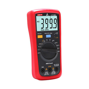 UNI-T UT136B+ Auto-Range Digital Multimeter – 4000 Count, AC/DC 1000V, 10A, Capacitance 40mF, Frequency, Temperature, hFE, Diode, 2m Drop-Proof - in a red casing, showing a digital display reading 399.9 AC, a central rotary dial, buttons, and input ports.