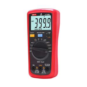 UNI-T UT136B+ Auto-Range Digital Multimeter – 4000 Count, AC/DC 1000V, 10A, Capacitance 40mF, Frequency, Temperature, hFE, Diode, 2m Drop-Proof - in a red rubberized casing, featuring a central rotary dial, function buttons, input ports, and a screen showing 399.9 AC.