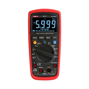 UNI-T UT139C True RMS Digital Multimeter – 6000 Count Auto-Range, AC/DC 600V, Capacitance, Frequency, Temperature, NCV, VFC, CAT III 600V - UNI-T UT139S digital multimeter in a red protective case, featuring a central rotary dial, control buttons, input ports, and a screen displaying 5.999.