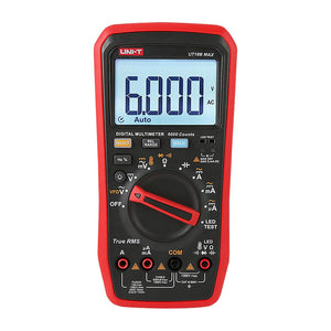 UNI-T UT17B MAX True RMS Digital Multimeter – 6000 Count, 1000V AC/DC, VFD, Temperature, Capacitance, Frequency, EMI Protection, Anti-Burn with Gold-Plated Leads - UNI-T UT18B MAX digital multimeter in red and black, showing a screen reading 6.000, a central rotary dial, function buttons, and four input ports.