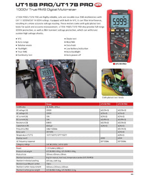 UNI-T UT17B PRO True RMS Digital Multimeter – 6000 Count, 1000V AC/DC, VFC, Temperature, Capacitance, Frequency, CAT III 1000V / CAT IV 600V, 8kV Anti-Burn - in a red protective case, showing its LCD screen reading 5.999, rotary dial, function buttons, and input ports.