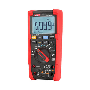 UNI-T UT18B PRO True RMS Digital Multimeter – 6000 Count, 1000V AC/DC, VFC, Temperature, LED Test, CAT III 1000V / CAT IV 600V, 8kV Anti-Burn Protection - with a rotary dial, function buttons, input ports, and a screen displaying 5.999 V DC.