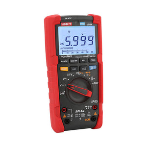 UNI-T UT196 True RMS Solar Digital Multimeter – 6000 Count, 1700V DC / 1500V AC, IP65 Waterproof, 2m Drop-Proof, Low-Pass Filter, LoZ, CAT III 1000V / CAT IV 600V - in a red and black protective case, showing a digital display reading 5.999 V and a central control knob.