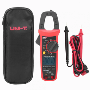 UNI-T UT203+ Digital AC DC Clamp Meter True RMS 400A in Pakistan - a red and black device with a rotary knob, LCD screen reading 0.0, test leads, and a black carrying case.