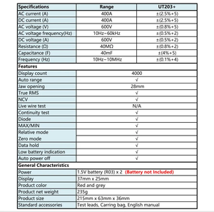 UNI-T UT203+ Digital AC DC Clamp Meter True RMS 400A in Pakistan - ranges, accuracy, features, and general characteristics in a grid format.