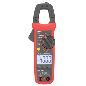 UNI-T UT203+ Digital AC DC Clamp Meter True RMS 400A in Pakistan - a red and grey handheld device with a rotary dial, function buttons, and a screen reading 400.0 A.
