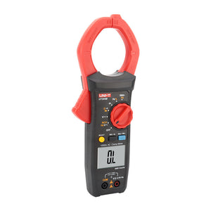 UNI-T UT205B 1000A AC Clamp Meter – 60mm Jaw Opening, 1000V AC/DC, 40MΩ Resistance, 40mF Capacitance, 10MHz Frequency, Duty Cycle, NCV, Flashlight, CAT III 600V - a black and red handheld device with a large jaw, rotary dial, function buttons, and an LCD screen showing OL.