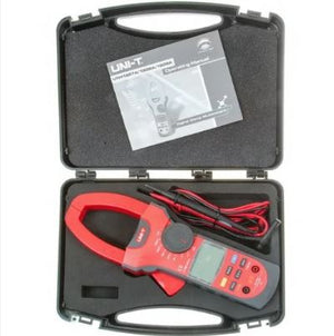 UNI-T UT207A 1000A AC/DC Clamp Meter – High Accuracy, Auto/Manual Range, 750V AC / 1000V DC, 40MΩ Resistance, 10MHz Frequency, LCD Backlight, Duty Cycle, Zeroing - black carrying case with a red and grey body, a rotary dial, a digital display, test leads, and an operating manual.