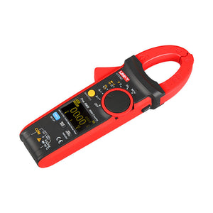 UNI-T UT216C True RMS Digital Clamp Meter – 600A AC/DC, 6000 Count, AC 750V / DC 1000V, Resistance, Capacitance, Frequency, Temperature, NCV, 30mm Jaw, CAT III 600V - UNI-T UT216D digital clamp meter in red and black, showing a rotary dial, yellow function button, OLED display reading 00.00, and input ports at the base.
