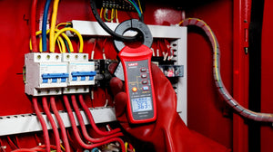 UNI-T UT251C+ AC Leakage Current Clamp Meter – 1µA Resolution, 3mA to 60A, 40mm Jaw, Harmonic Test, LPF, Bluetooth, Dual Display, CAT III 600V - a red casing, digital display reading 50.00 and 3.63, and control buttons.