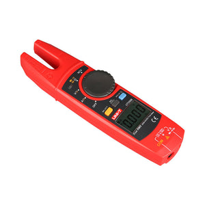 UNI-T UT256B True RMS AC/DC Fork Meter – 200A Open-Jaw Current, AC/DC 1000V, Resistance, Capacitance, Frequency, NCV, Zero Mode, Data Hold, CAT II 1000V / CAT III 600V - a red handheld electrical tester with an open-jaw sensor, a central rotary dial, control buttons, and a digital display showing 0.000.