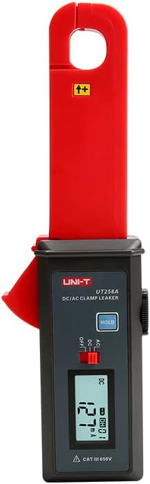 UNI-T UT258A AC/DC Leakage Current Clamp Meter – 0–60A, 1mA Resolution, 7mm Jaw, 10000-Count, RS-232, Zero Adjustment - a red and black handheld device with a jaw, a mode switch, a hold button, and a digital display showing 127mA DC.