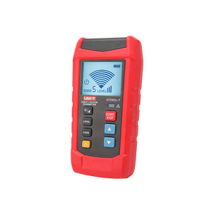 UNI-T UT25CL Cable Locator & Wire Tracer – Transmitter + Receiver Kit, Underground Cable Tracing, Break/Short Detection, NCV, Fuse Finder, 480V, 8 Coding Signals - red casing with a digital display showing signal level 5, power icon, and various control buttons on the front panel.
