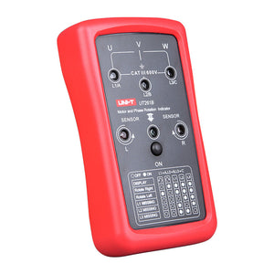 UNI-T UT261B Phase Sequence & Motor Rotation Indicator – 3-Phase Sequence, Missing-Phase & Motor Rotation Direction, 90–600V, 15–400Hz, 2m Drop-Proof, CAT III 600V - a red, handheld motor and phase rotation indicator featuring three top input ports, two sensor indicators, and a lower status display grid.