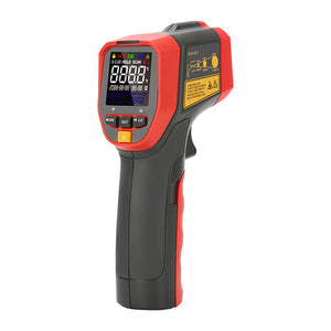 UNI-T UT301A+ Infrared Thermometer – Non-Contact, −32°C to 420°C, 12:1 D:S, Adjustable Emissivity, ±1.5°C Accuracy, Laser Targeting, Colour EBTN Display - and black, featuring a digital display with icons, a trigger, and control buttons labeled MODE, SET, HI, and LO.