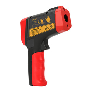 UNI-T UT303A+ Infrared Thermometer – Non-Contact, −32°C to 800°C, 30:1 D:S, Adjustable Emissivity, ±1.5°C, Laser Targeting, Backlit Display - and black pistol-grip device showing a side-profile view with a laser distance-to-spot ratio diagram.