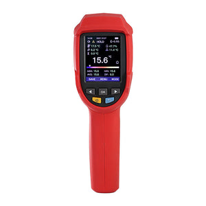 UNI-T UT305C+ Professional Infrared Thermometer – Non-Contact −50°C to 2200°C, 55:1 D:S, Adjustable Emissivity, 2.4" TFT Colour Display, K-Thermocouple, Dew Point, 999-Group Memory, USB-C - handheld device with a 2.4-inch color display, navigation buttons, and a power button on a white background.
