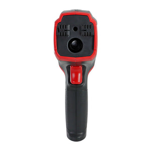 UNI-T UT305C+ Professional Infrared Thermometer – Non-Contact −50°C to 2200°C, 55:1 D:S, Adjustable Emissivity, 2.4" TFT Colour Display, K-Thermocouple, Dew Point, 999-Group Memory, USB-C - the circular sensor lens, red trigger button, and black ergonomic handle.