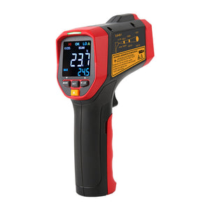 UNI-T UT305S Professional Infrared Thermometer – Non-Contact −50°C to 2000°C, 50:1 D:S, Adjustable Emissivity, EBTN Display, MAX/MIN/AVG/DIFF, High/Low Alarm, Tripod Mount - and black handheld device with a digital screen showing 23.7°C, control buttons, and a trigger handle.