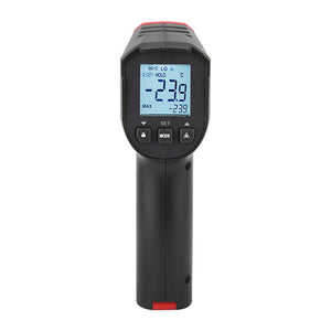 UNI-T UT306S Infrared Thermometer – Non-Contact, −50°C to 500°C, 12:1 D:S, Adjustable Emissivity, Single Laser, Backlit LCD, One-Hand Operation - a black handheld device with a backlit LCD screen displaying -23.9, control buttons, and a red base accent.