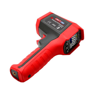 UNI-T UT309C Professional Infrared Thermometer – Non-Contact −35°C to 650°C, 12:1 D:S, Adjustable Emissivity, IP65 Waterproof, 3m Drop-Proof, Dual Laser, Backlit Display - UNI-T UT309E professional infrared thermometer in red and black, showing the side profile, backlit display, control buttons, and a tripod mount port.