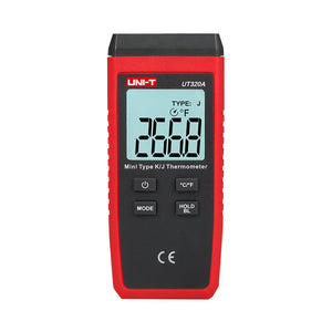 UNI-T UT320A Mini Contact Thermometer – K/J Thermocouple, −50°C to 1300°C, Single Channel, ±(0.5%+1), MAX/MIN/AVG, Data Hold, Backlit, 1m Drop-Proof - a digital display reading 266.8, power, mode, unit, and hold buttons on the front.
