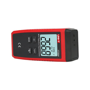 UNI-T UT320A Mini Contact Thermometer – K/J Thermocouple, −50°C to 1300°C, Single Channel, ±(0.5%+1), MAX/MIN/AVG, Data Hold, Backlit, 1m Drop-Proof - a red handheld device with a digital display showing 266.8, control buttons, and a thermocouple input port.